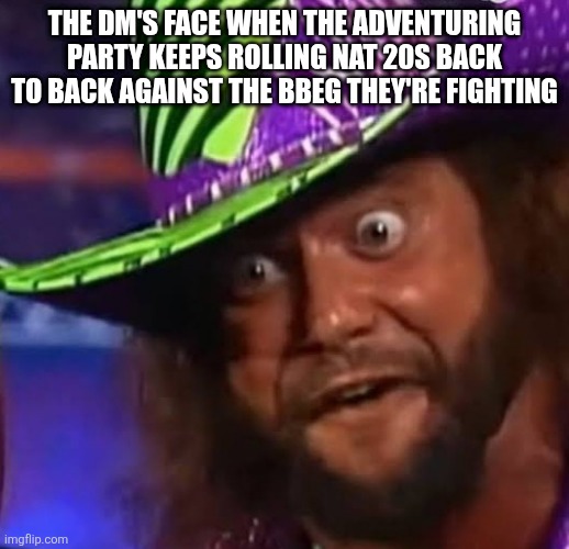 DnD shenanigans | The DM's face when the adventuring party keeps rolling nat 20s back to back against the BBEG they're fighting | image tagged in macho man randy i'm seeing somethings savage | made w/ Imgflip meme maker