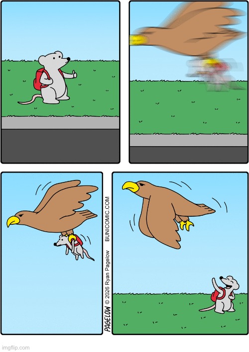 The hitchhiker | image tagged in comics,buni comics,mouse,bird,flying,safe and sound | made w/ Imgflip meme maker