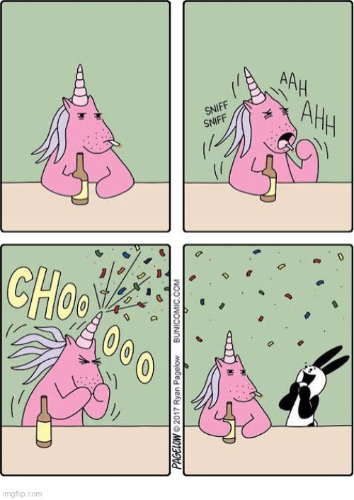 Buni Comics | image tagged in comics,buni comics,pink unicorn,bar,sneeze,confetti | made w/ Imgflip meme maker