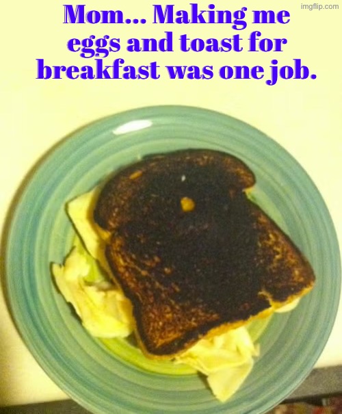 Mom Failed Successfully | Mom... Making me eggs and toast for breakfast was one job. | image tagged in you had one job,task failed successfully,mom,breakfast,burnt toast,duhhh dumbass | made w/ Imgflip meme maker