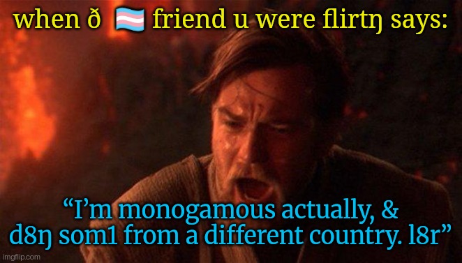 when ð  🏳️‍⚧️ friend u were flirtŋ says: “I’m monogamous actually, & d8ŋ som1 from a different country. l8r”