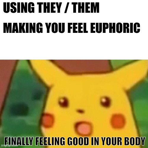 me_irl | Using THEY / THEM; Making you feel euphoric; Finally feeling good in your body | image tagged in memes,surprised pikachu | made w/ Imgflip meme maker