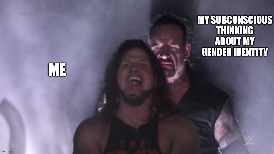 me_irl | My subconscious thinking about my gender identity; me | image tagged in aj styles undertaker | made w/ Imgflip meme maker