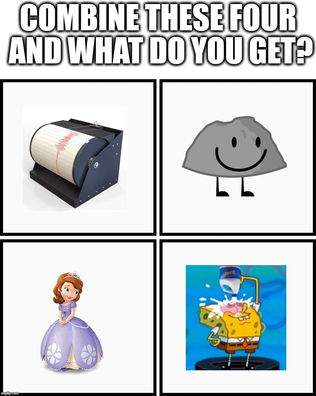 only the OGs know | combine these four  and what do you get? | image tagged in grid 4x4,four,avatar the last airbender,toph,object shows,spongebob pouring bleach in his eyes | made w/ Imgflip meme maker