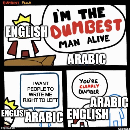 Languages Be Like | English; Arabic; I want people to write me right to left; Arabic; English; English; Arabic | image tagged in i'm the dumbest man alive | made w/ Imgflip meme maker