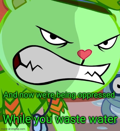 Angry Flippy (HTF) | And now we're being oppressed While you waste water | image tagged in angry flippy htf | made w/ Imgflip meme maker
