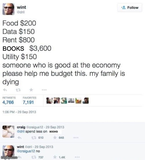 Eh, eating is overrated | Books; Books | image tagged in dril candles budget,books,book worm,memes | made w/ Imgflip meme maker