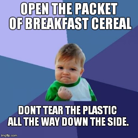Success Kid | OPEN THE PACKET OF BREAKFAST CEREAL DONT TEAR THE PLASTIC ALL THE WAY DOWN THE SIDE. | image tagged in memes,success kid | made w/ Imgflip meme maker
