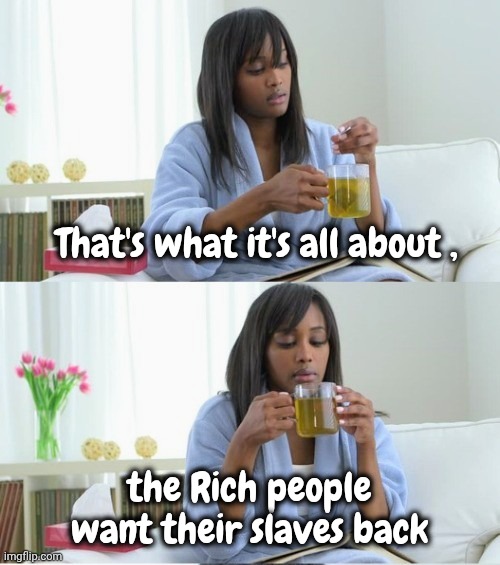Cup of Tea | That's what it's all about , the Rich people want their slaves back | image tagged in cup of tea | made w/ Imgflip meme maker