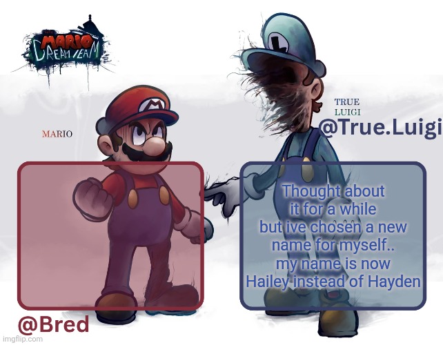 Sum shit nobody give FUCK about | Thought about it for a while but ive chosen a new name for myself.. my name is now Hailey instead of Hayden | image tagged in true luigi heinzbakedbean shared temp | made w/ Imgflip meme maker