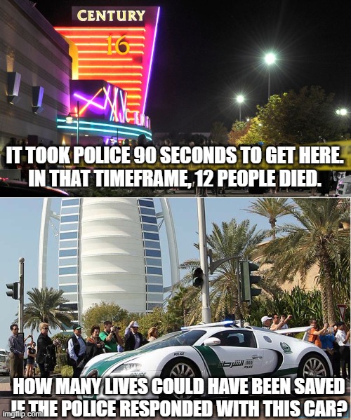 An argument for faster police cars | IT TOOK POLICE 90 SECONDS TO GET HERE.
IN THAT TIMEFRAME, 12 PEOPLE DIED. HOW MANY LIVES COULD HAVE BEEN SAVED
IF THE POLICE RESPONDED WITH THIS CAR? | image tagged in movie theater,shooting,colorado,bugatti,police car,2012 | made w/ Imgflip meme maker