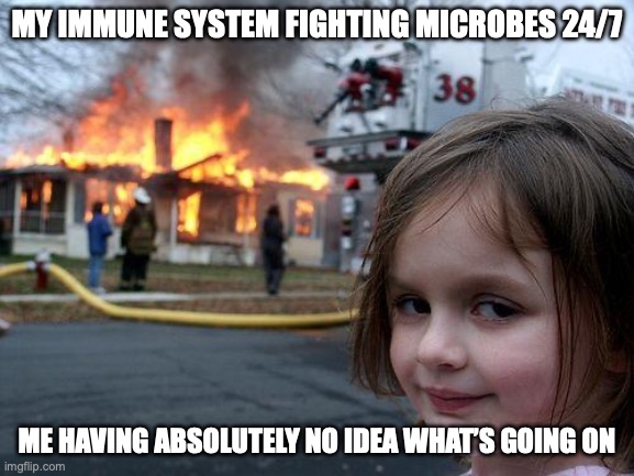Disaster Girl Meme | My immune system fighting microbes 24/7; Me having absolutely no idea what’s going on | image tagged in memes,disaster girl | made w/ Imgflip meme maker