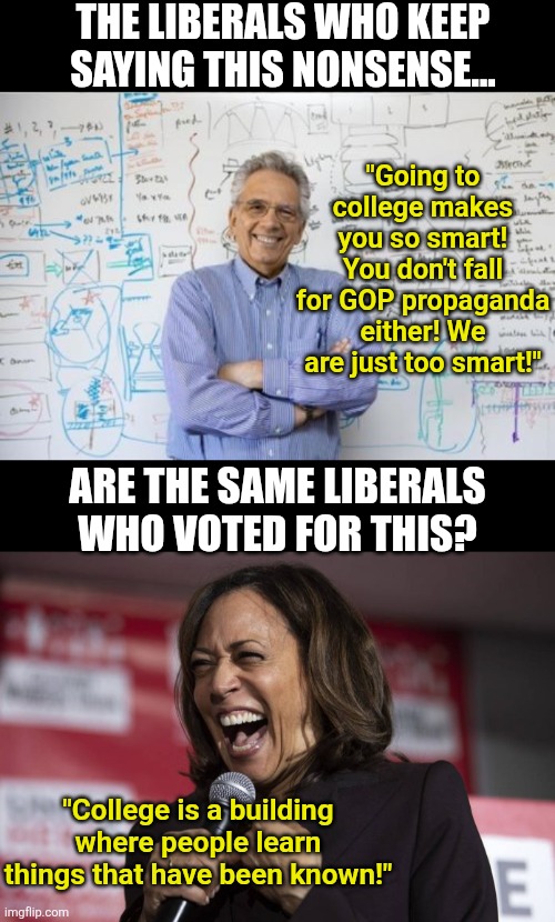 Liberals, don't break your hands patting yourselves on the back over your substandard education. | The Liberals who keep saying this nonsense... "Going to college makes you so smart! You don't fall for GOP propaganda either! We are just too smart!"; Are the same liberals who voted for this? "College is a building where people learn things that have been known!" | image tagged in college liberal,thinking,propaganda,expectation vs reality,liberal logic,truth | made w/ Imgflip meme maker