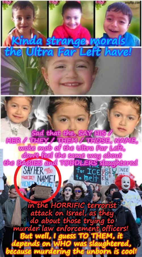 Funny the way Leftists do the SAY HIS HER NAME thing about those trying to kill Police and yet babies n toddlers don't count? | Kinda strange morals the Ultra Far Left have! Sad that the, SAY HIS / HER / THEY / THEM / THOSE, NAME, woke mob of the Ultra Far Left, don't feel the same way about the BABIES and TODDLERS slaughtered; in the HORRIFIC terrorist attack on Israel, as they do about those trying to murder law enforcement officers! Yarra Man; But well, I guess TO THEM, it depends on WHO was slaughtered, because murdering the unborn is cool! | image tagged in child victims islamic attack israel,self gratification by proxy woke,ultra far left democrats,minnisota,illinois new california | made w/ Imgflip meme maker