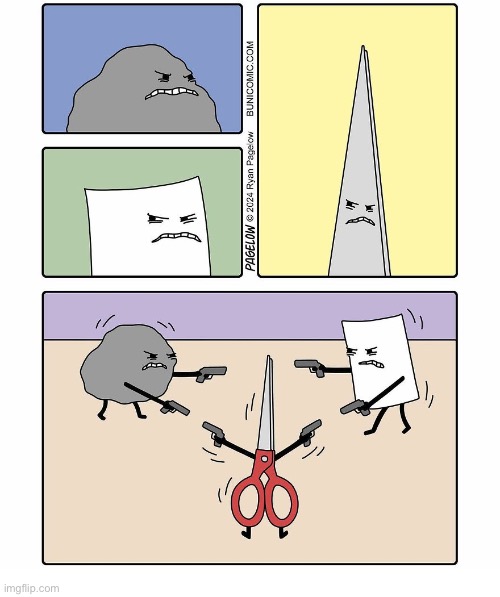 A new version of “rock, paper, scissors” | image tagged in comics,buni comics,rock paper scissors,guns,a new version,we mean business | made w/ Imgflip meme maker