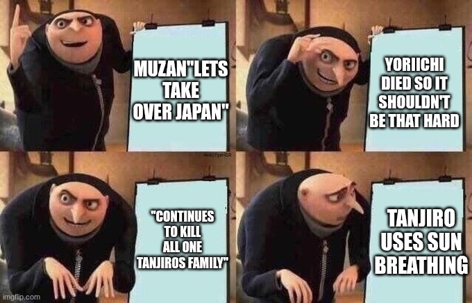 Groo Idea Board | muzan"lets take over Japan"; yoriichi died so it shouldn't be that hard; "continues to kill all one tanjiros family"; tanjiro uses sun breathing | image tagged in groo idea board | made w/ Imgflip meme maker
