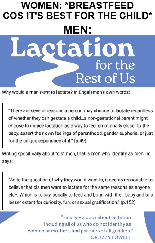 Women: *breastfeed cos it's best for the child*; Men: | image tagged in lgbtq,parenting,gender identity,motherhood,men and women | made w/ Imgflip meme maker