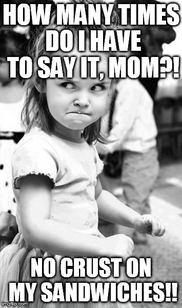 Angry Toddler | HOW MANY TIMES DO I HAVE TO SAY IT, MOM?! NO CRUST ON MY SANDWICHES!! | image tagged in memes,angry toddler | made w/ Imgflip meme maker