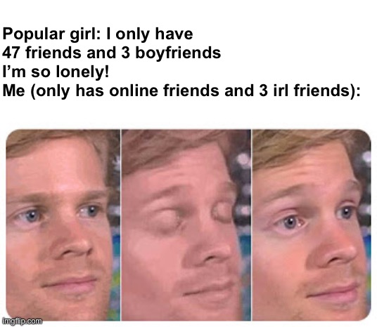 Im not even joking rn :’) | Popular girl: I only have 47 friends and 3 boyfriends I’m so lonely!
Me (only has online friends and 3 irl friends): | image tagged in blinking guy | made w/ Imgflip meme maker