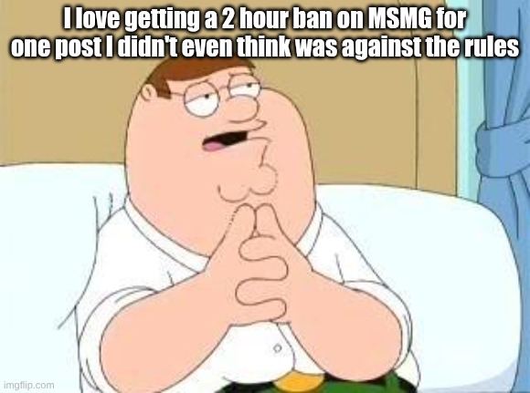 peter griffin go on | I love getting a 2 hour ban on MSMG for one post I didn't even think was against the rules | image tagged in peter griffin go on | made w/ Imgflip meme maker
