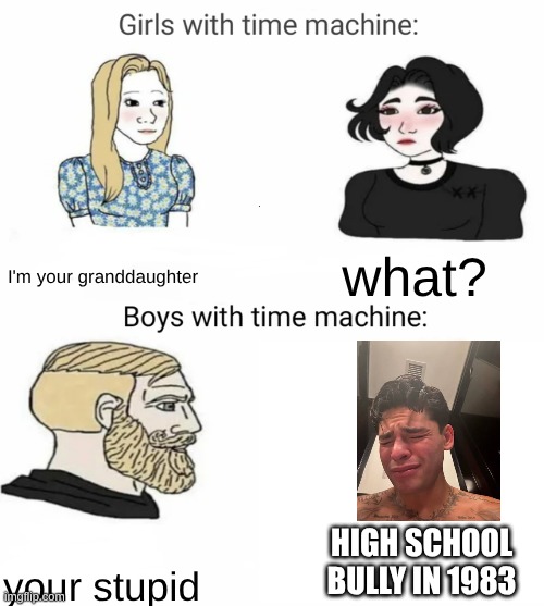 the best roast in 1981 | I'm your granddaughter; what? your stupid; high school bully in 1983 | image tagged in time machine | made w/ Imgflip meme maker