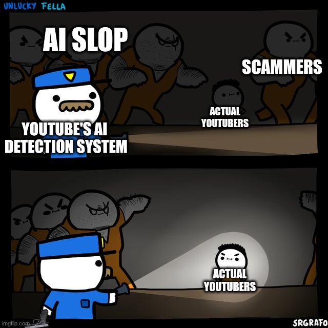 Guess it's AItube now. | AI slop; scammers; actual youtubers; YouTube's AI  detection system; actual youtubers | image tagged in srgrafo prison | made w/ Imgflip meme maker