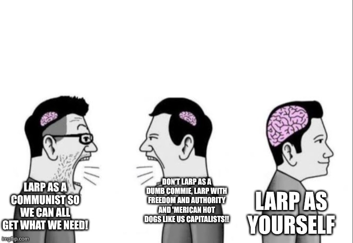 2 dumbass arguing while a smartass is ignoring them | don't larp as a dumb commie, larp with freedom and authority and 'merican hot dogs like us capitalists!! larp as a communist so we can all get what we need! larp as yourself | image tagged in 2 dumbass arguing while a smartass is ignoring them,political meme,capitalist and communist,larp,fresh memes | made w/ Imgflip meme maker