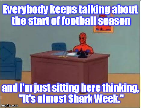 Shark Week 2014 | Everybody keeps talking about the start of football season and I'm just sitting here thinking, "It's almost Shark Week." | image tagged in memes,spiderman computer desk,spiderman,sharks | made w/ Imgflip meme maker