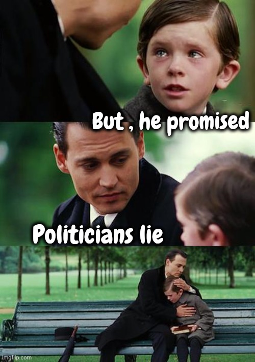 But , he promised Politicians lie | image tagged in memes,finding neverland | made w/ Imgflip meme maker