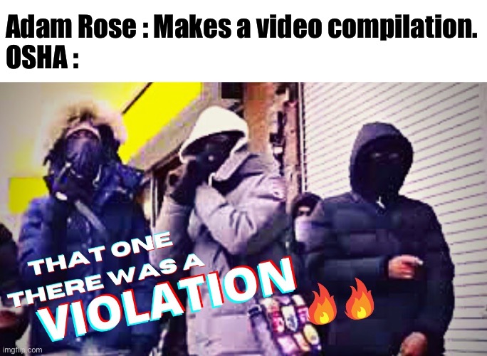 Violations of sorts | Adam Rose : Makes a video compilation.
OSHA : | image tagged in that one there was a violation | made w/ Imgflip meme maker