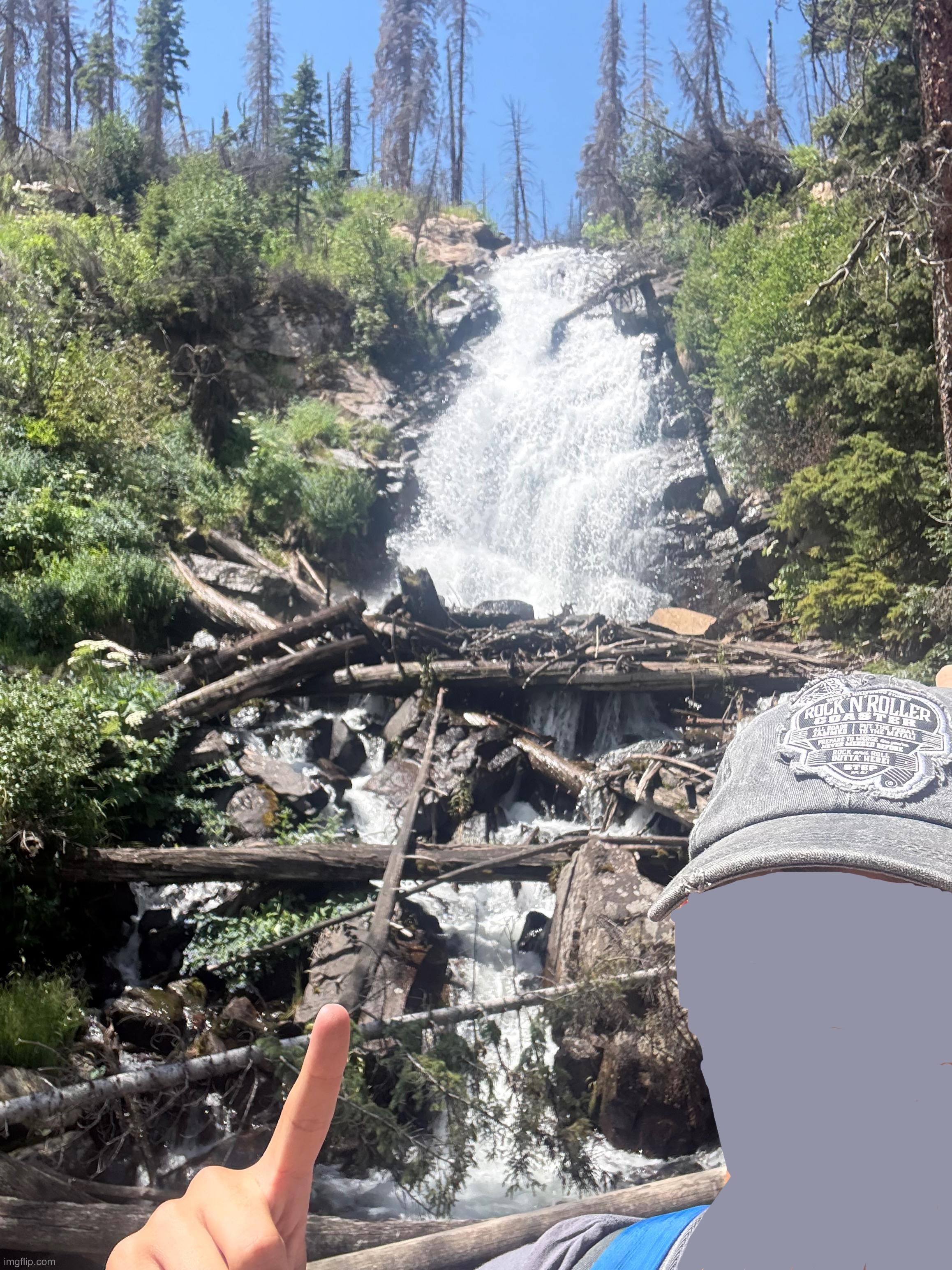 cool water fall very high up | image tagged in face reveal,waterfall,water,national park,park,hiking | made w/ Imgflip meme maker