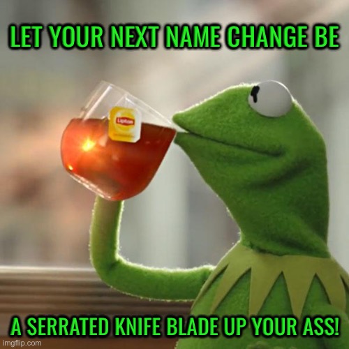 But That's None Of My Business Meme | Let your next name change be; A serrated knife blade up your ass! | image tagged in memes,but that's none of my business,kermit the frog | made w/ Imgflip meme maker