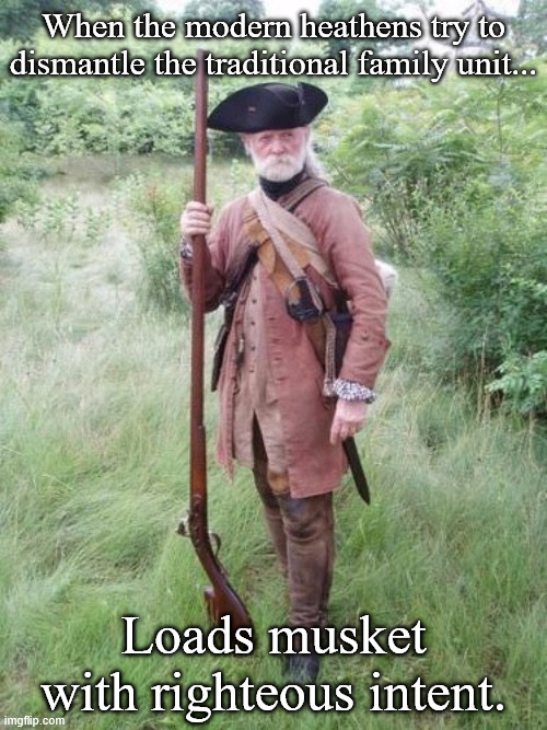 A Return to the Natural Order of the Realm | When the modern heathens try to dismantle the traditional family unit... Loads musket with righteous intent. | image tagged in musket,memes | made w/ Imgflip meme maker