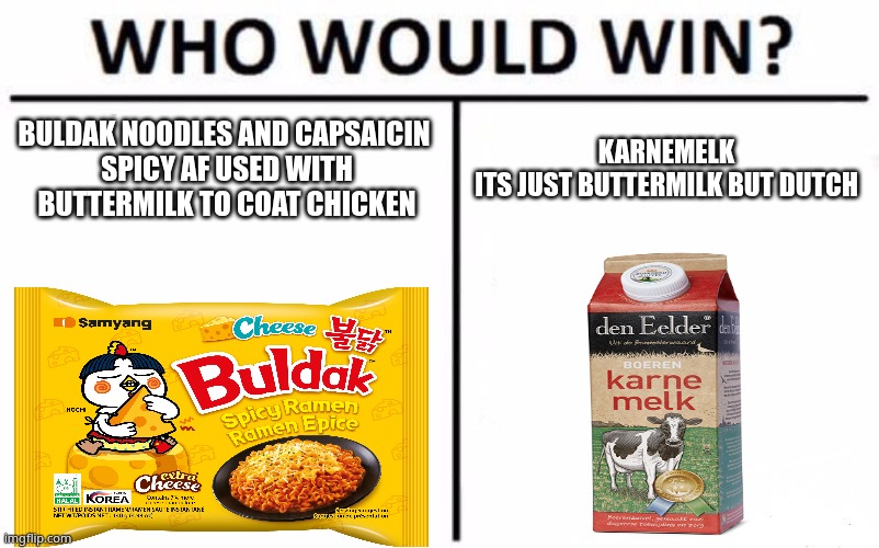 This combo is fire | buldak noodles and capsaicin 
spicy af used with buttermilk to coat chicken; karnemelk
its just buttermilk but dutch | image tagged in memes,who would win,spicy,south korea | made w/ Imgflip meme maker