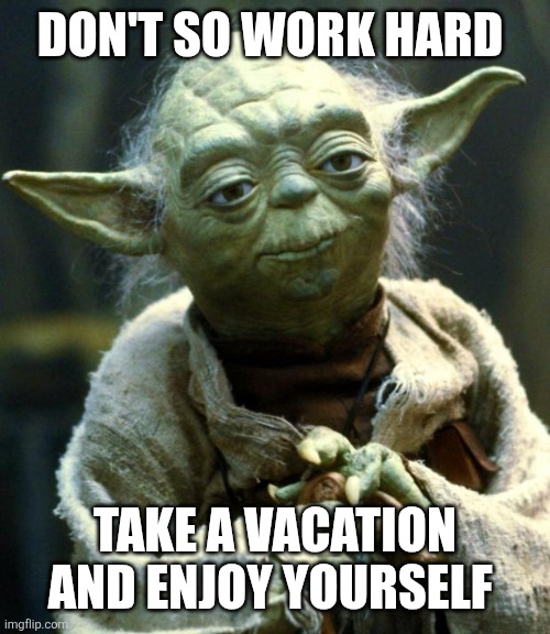 Wise words | Don't so work hard; Take a vacation and enjoy yourself | image tagged in memes,star wars yoda,funny memes | made w/ Imgflip meme maker