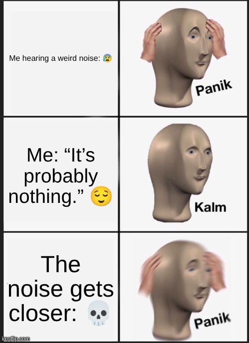 oh no | Me hearing a weird noise: 😰; Me: “It’s probably nothing.” 😌; The noise gets closer: 💀 | image tagged in memes,panik kalm panik | made w/ Imgflip meme maker