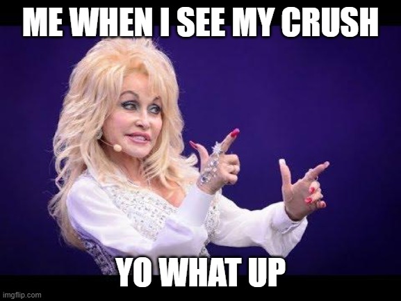 Dolly Parton see friends at party | me when i see my crush; yo what up | image tagged in dolly parton see friends at party | made w/ Imgflip meme maker