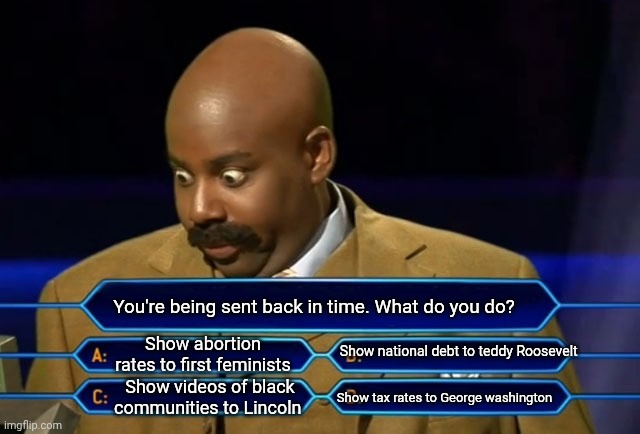Who wants to be a millionaire? | You're being sent back in time. What do you do? Show abortion rates to first feminists; Show national debt to teddy Roosevelt; Show videos of black communities to Lincoln; Show tax rates to George washington | image tagged in who wants to be a millionaire | made w/ Imgflip meme maker