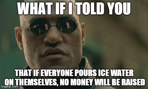 Matrix Morpheus Meme | WHAT IF I TOLD YOU THAT IF EVERYONE POURS ICE WATER ON THEMSELVES, NO MONEY WILL BE RAISED | image tagged in memes,matrix morpheus,AdviceAnimals | made w/ Imgflip meme maker