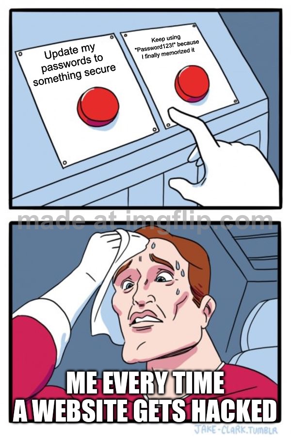 ME every time a website gets hacked | Keep using "Password123!" because I finally memorized it; Update my passwords to something secure; ME every time a website gets hacked | image tagged in memes,two buttons,hacked,website,password,password strength | made w/ Imgflip meme maker