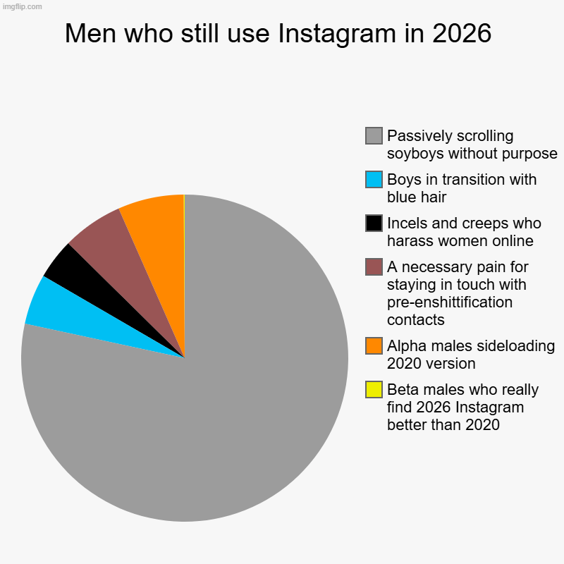 Men who still use Instagram in 2026 | Men who still use Instagram in 2026 | Beta males who really find 2026 Instagram better than 2020, Alpha males sideloading 2020 version, A ne | image tagged in charts,pie charts,instagram | made w/ Imgflip chart maker
