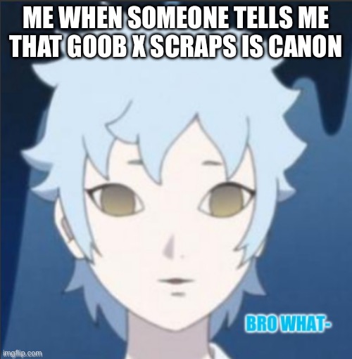 LIKE BRO THEY ARE SIBLINGS- | Me when someone tells me that goob x scraps is canon | image tagged in mitsuki bro what- | made w/ Imgflip meme maker