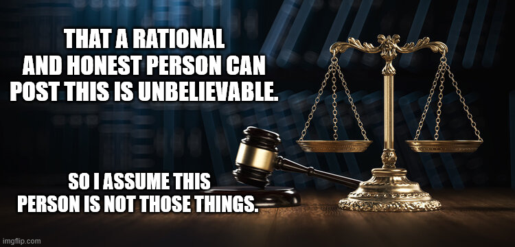 Scales Of Justice | That a rational and honest person can post this is unbelievable. So I assume this person is not those things. | image tagged in scales of justice | made w/ Imgflip meme maker