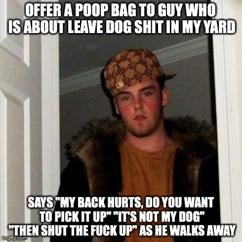 Scumbag Steve Meme | OFFER A POOP BAG TO GUY WHO IS ABOUT LEAVE DOG SHIT IN MY YARD SAYS "MY BACK HURTS, DO YOU WANT TO PICK IT UP"
"IT'S NOT MY DOG" "THEN SHUT  | image tagged in memes,scumbag steve,AdviceAnimals | made w/ Imgflip meme maker
