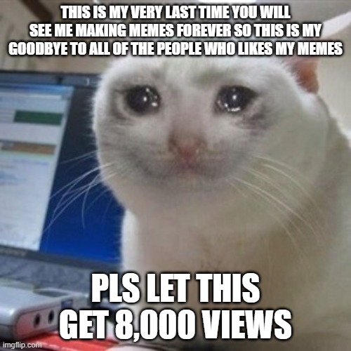 last meme | this is my very last time you will see me making memes forever so this is my goodbye to all of the people who likes my memes; pls let this get 8,000 views | image tagged in crying cat | made w/ Imgflip meme maker
