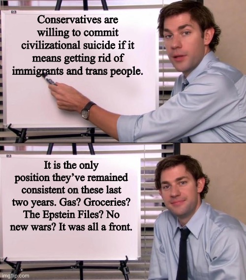 The party of two-faced liars. | Conservatives are willing to commit civilizational suicide if it means getting rid of immigrants and trans people. It is the only position they’ve remained consistent on these last two years. Gas? Groceries? The Epstein Files? No new wars? It was all a front. | image tagged in jim halpert explains,fascism,immigration,transphobic,donald trump | made w/ Imgflip meme maker