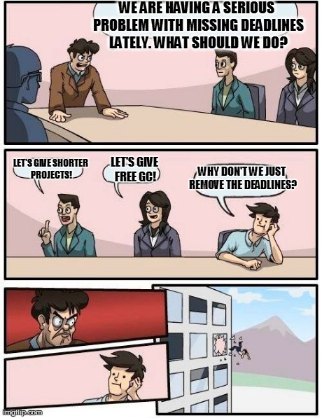 Boardroom Meeting Suggestion | WE ARE HAVING A SERIOUS PROBLEM WITH MISSING DEADLINES LATELY. WHAT SHOULD WE DO? LET'S GIVE SHORTER PROJECTS! LET'S GIVE FREE GC! WHY DON'T | image tagged in memes,boardroom meeting suggestion | made w/ Imgflip meme maker