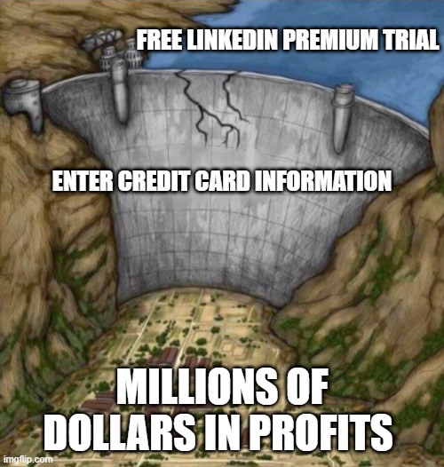 Aish karo baccho | Free Linkedin Premium Trial
 
 
 
 
Enter Credit card information; Millions of dollars in profits | image tagged in cracking water dam | made w/ Imgflip meme maker