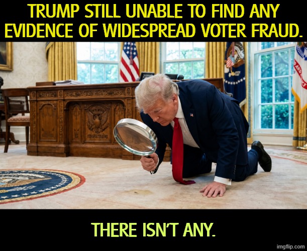The only voter fraud is Trump. | Trump still unable to find any evidence of widespread voter fraud. There isn't any. | image tagged in trump with huge magnifying glass jpg,trump,fantasy,voter fraud,election fraud,bs | made w/ Imgflip meme maker