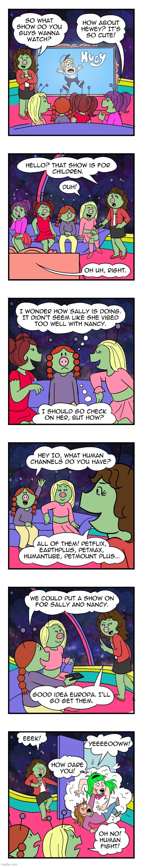 image tagged in aliens,bluey,humans,sally,nancy,fight | made w/ Imgflip meme maker